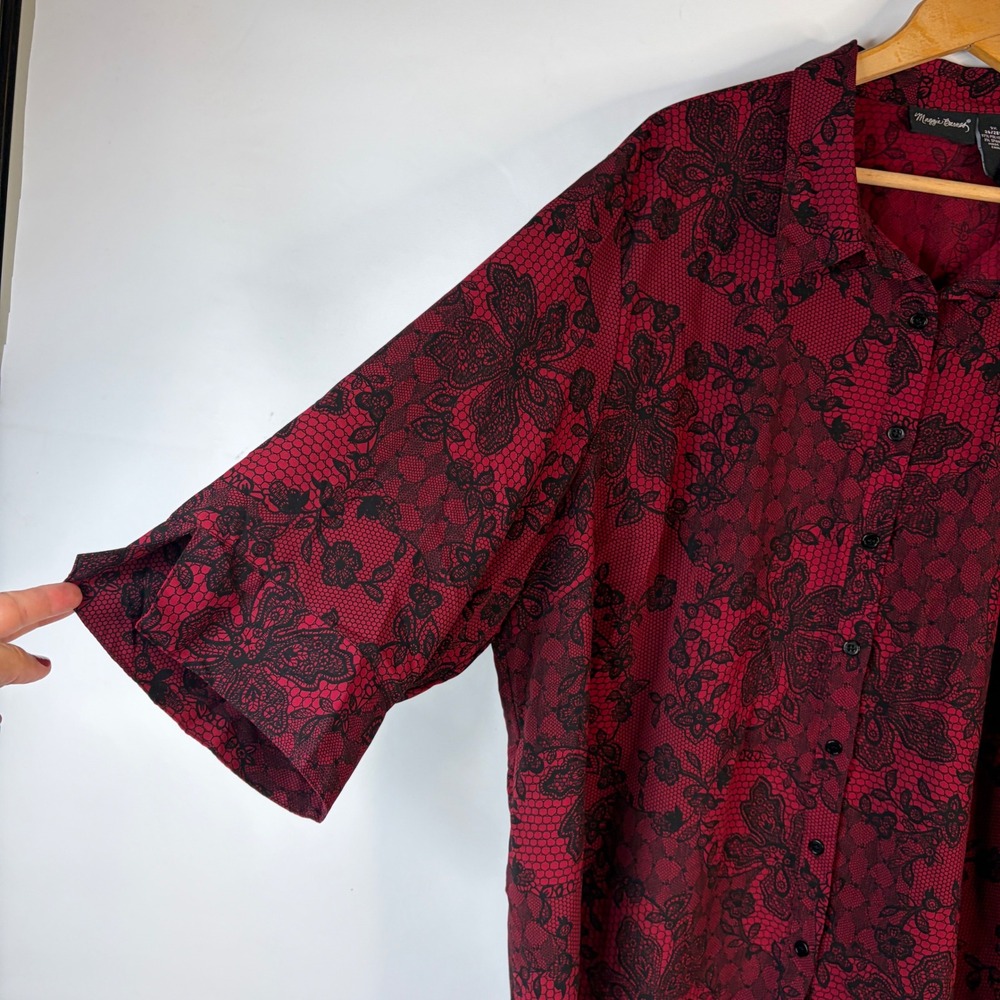 Maggie Barnes Blouse Women 3X Red Black Floral Lace Print Button Front 3/4 Slv - Picture 3 of 7